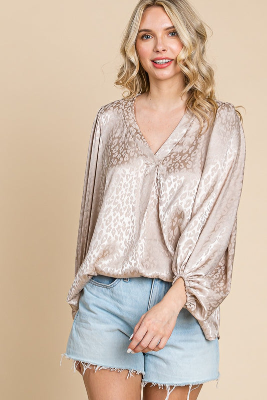 Woven Balloon Sleeves Top - Taupe