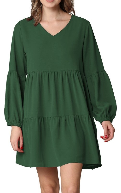 Green long sleeve V-Neck Dress