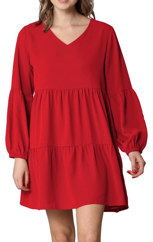 Red Long Sleeve V-Neck Dress