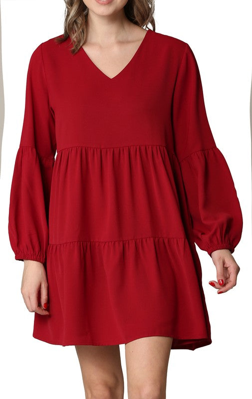 Wine Long Sleeve V-Neck Dress