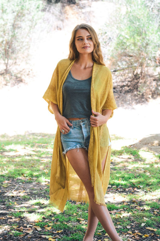 Woven Long Line Tribal Kimono(Mustard)