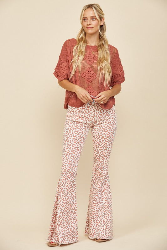 BOHO LEOPARD PRINT BELLBOTTOM JEANS (pink)