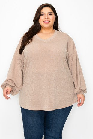 Taupe V-Neck Bubble Sleeve Sweater Top