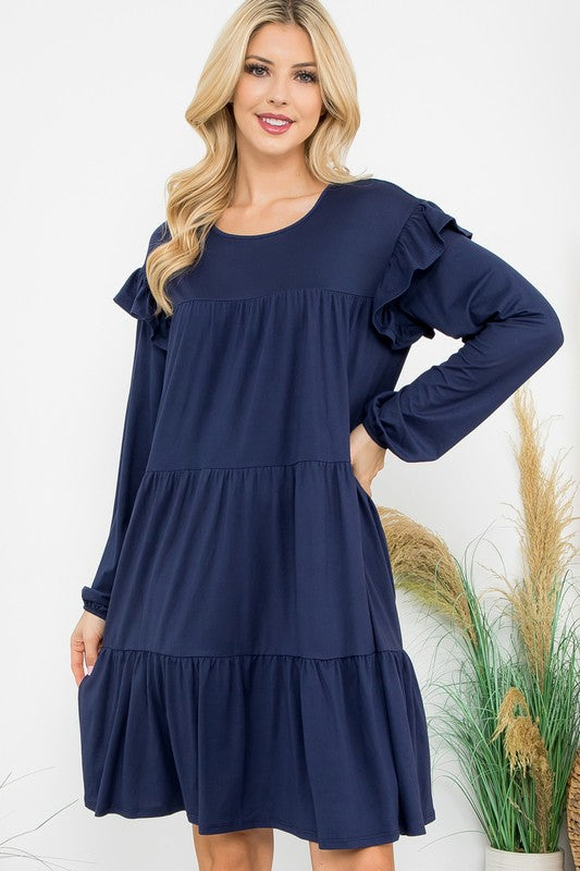 Navy Ruffled Long Sleeve Dress