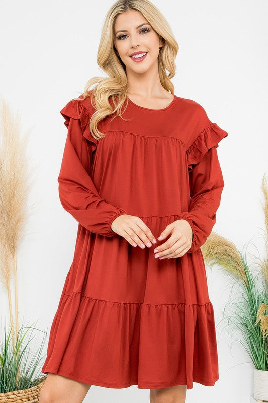 Rust Ruffled Long Sleeve Dress