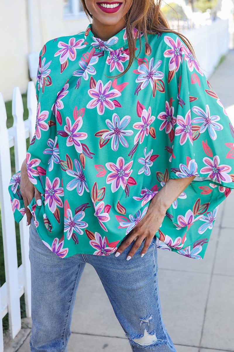 Floral Dolman Bat Sleeve Bow Blouse