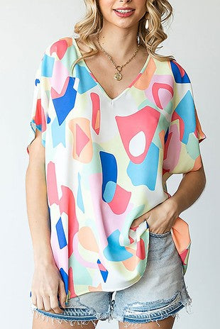 Geo Print V Neck Bloouse