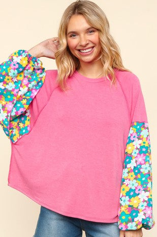 PLUS FLORAL LONG SLEEVE COLOR BLOCK KNIT TOP