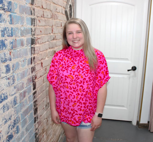 Hot Pink Leopard Print Mock Neck Top