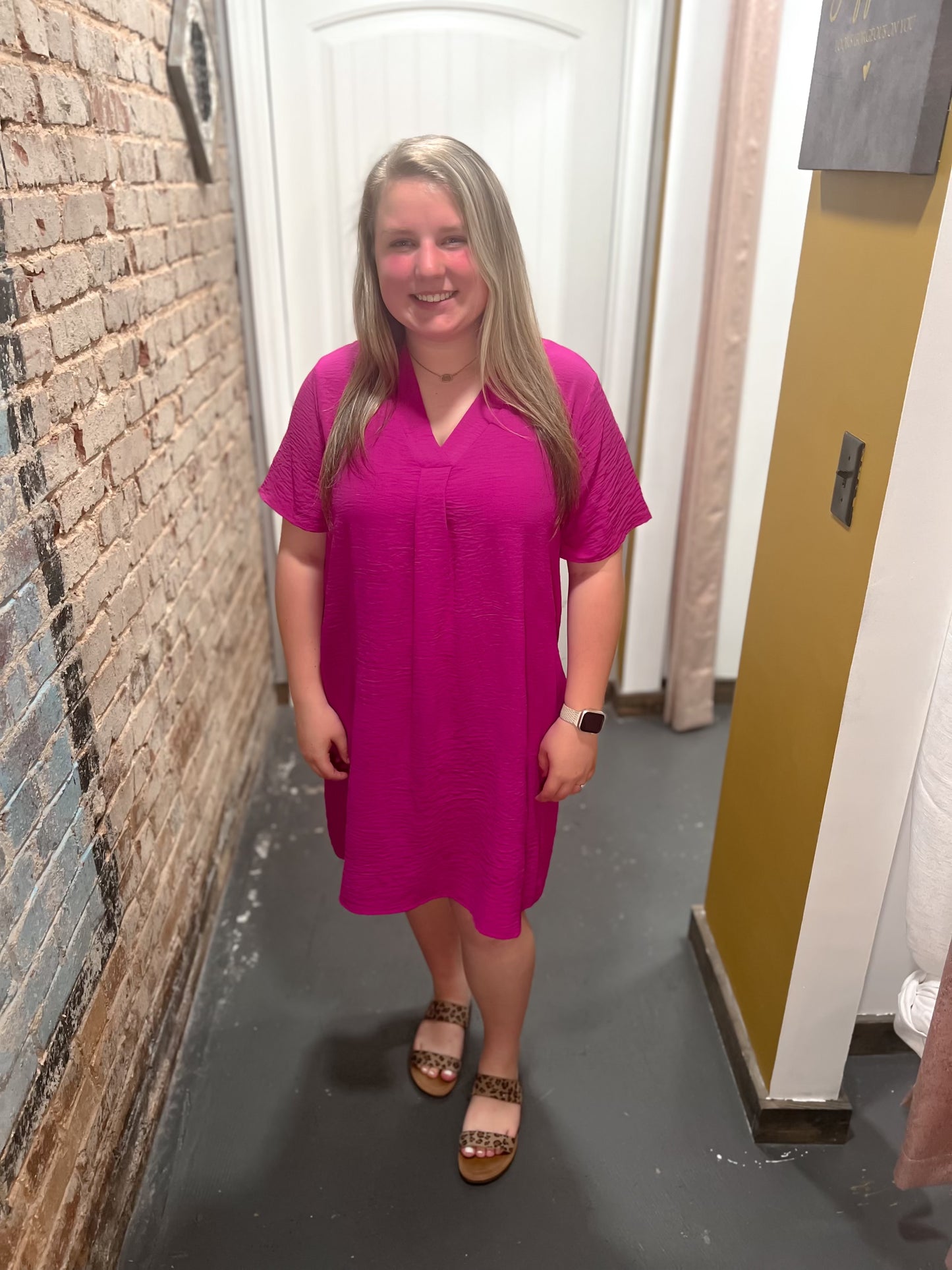 Magenta Crossover V Neckline Dress