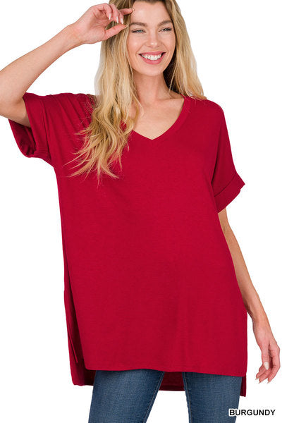 Rolled Short Sleeve Top Burgundy