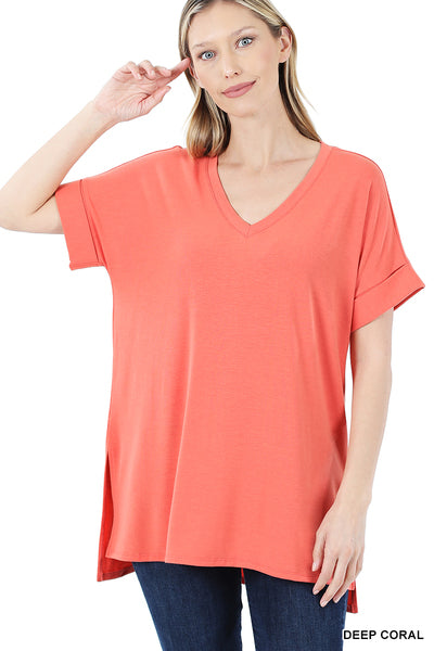 Rolled Short Sleeve Top Deep Coral