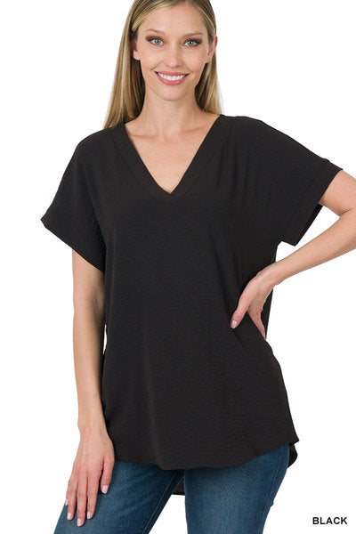 Woven Airflow V-Neck Top Black