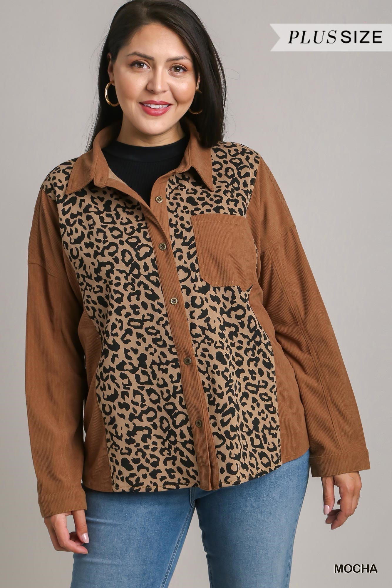 Leopard Knit & Corduroy Mixed Top