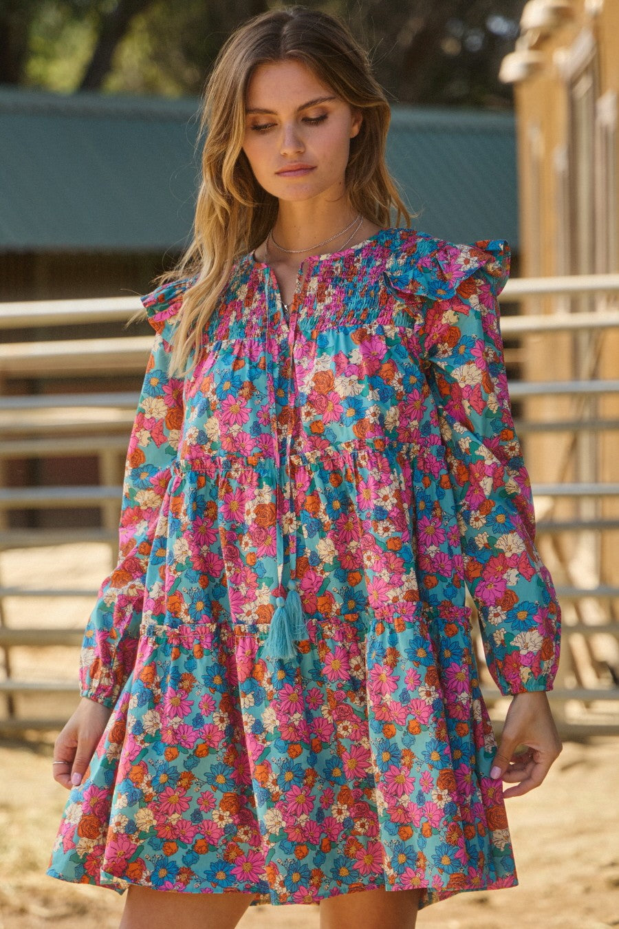 Floral Tiered Ruffle Long Sleeve Mini Dress