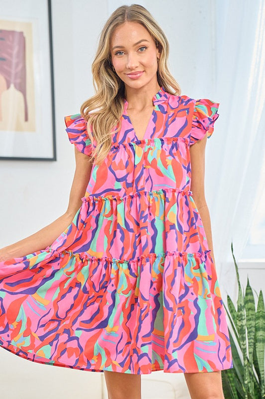 MULTICOLOR ABSTRACT PRINT TIERED BABYDOLL DRESS