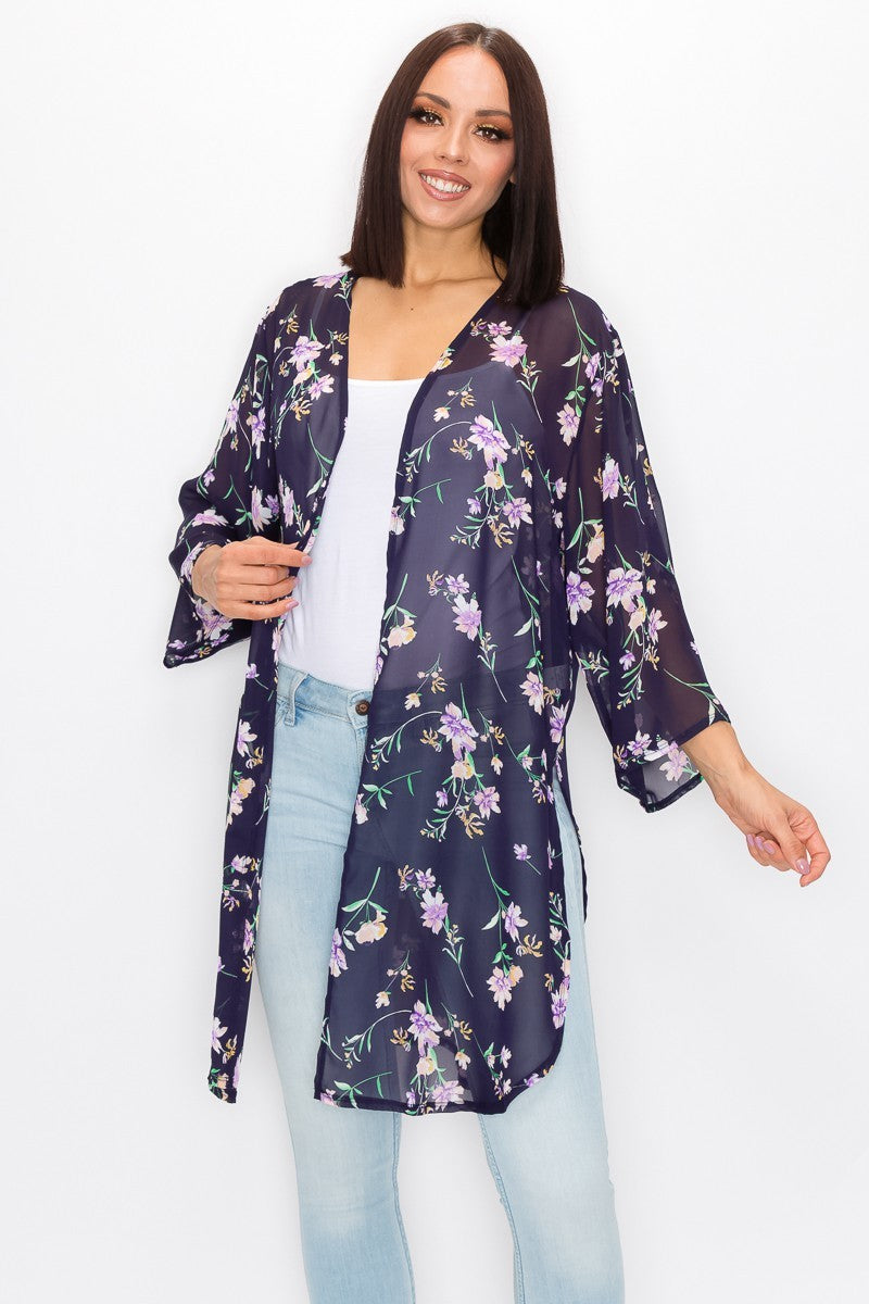 NAVY FLORAL PRINT SIDE SLIT CARDIGAN