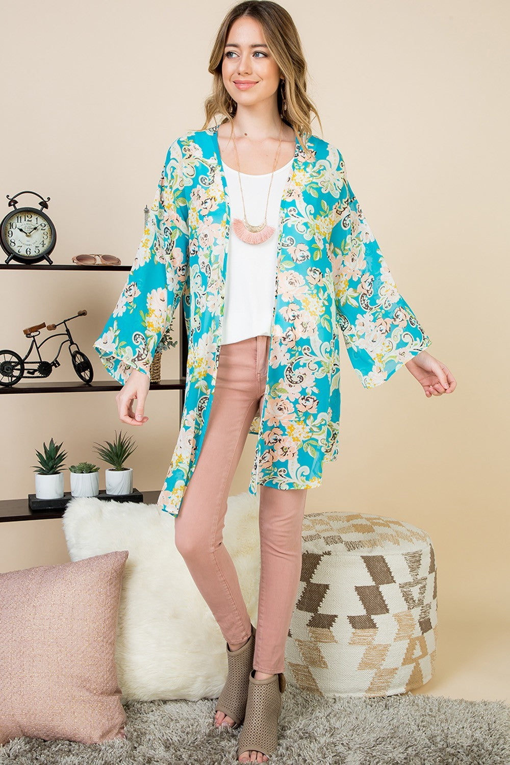 Turquoise Hi-Multi Floral Spring Kimono