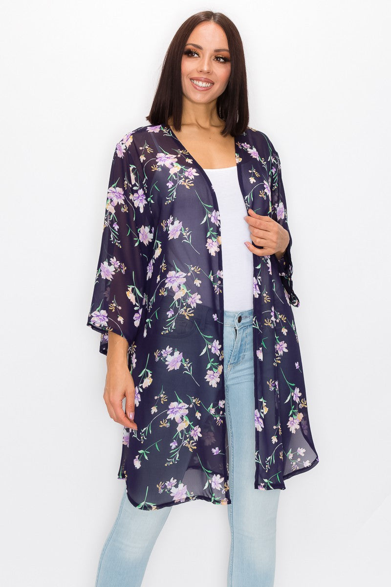 NAVY FLORAL PRINT SIDE SLIT CARDIGAN