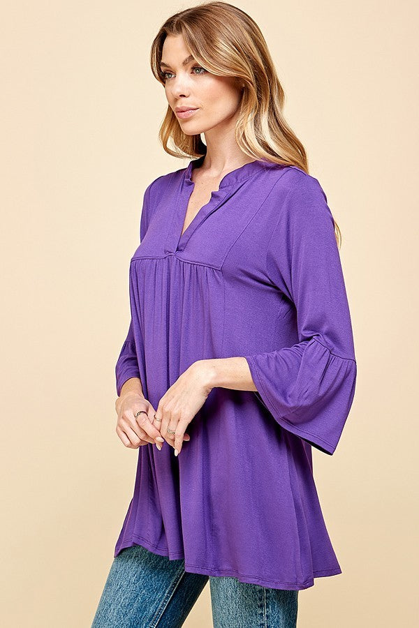 WOMEN SOLID V NECK FLARED 3/4 SLEEVE TOP