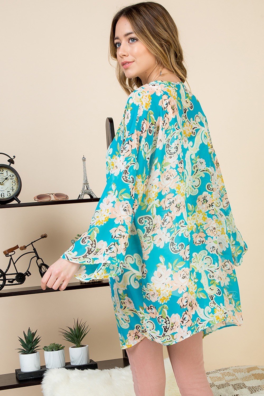 Turquoise Hi-Multi Floral Spring Kimono