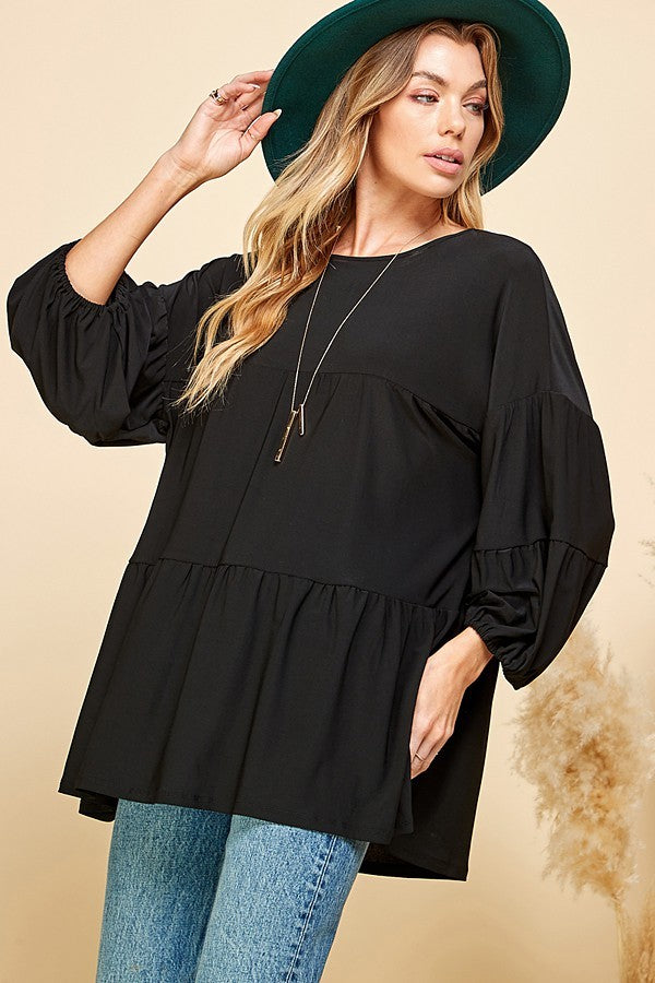 BLACK SOLID TIERED CUFFED LOOSE FITTING TOP