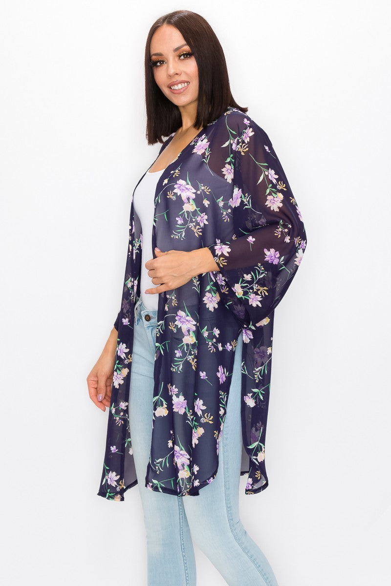 NAVY FLORAL PRINT SIDE SLIT CARDIGAN