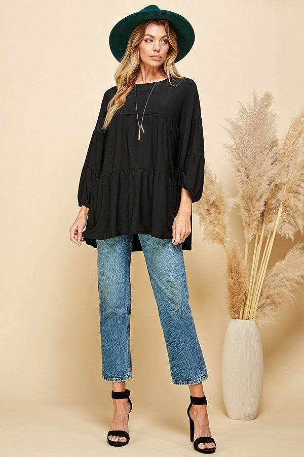 BLACK SOLID TIERED CUFFED LOOSE FITTING TOP