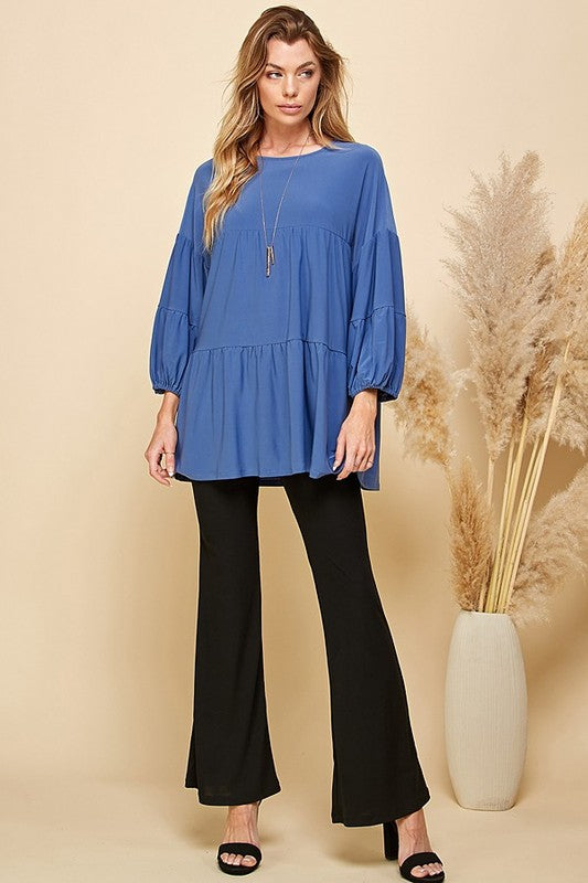 DENIM SOLID TIERED CUFFED LOOSE FITTING TOP