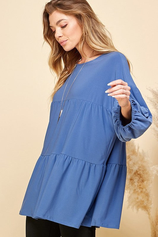 DENIM SOLID TIERED CUFFED LOOSE FITTING TOP