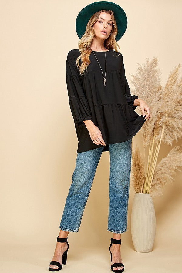 BLACK SOLID TIERED CUFFED LOOSE FITTING TOP