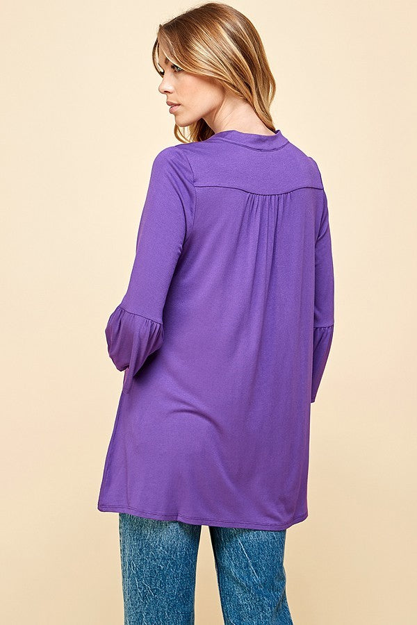 WOMEN SOLID V NECK FLARED 3/4 SLEEVE TOP