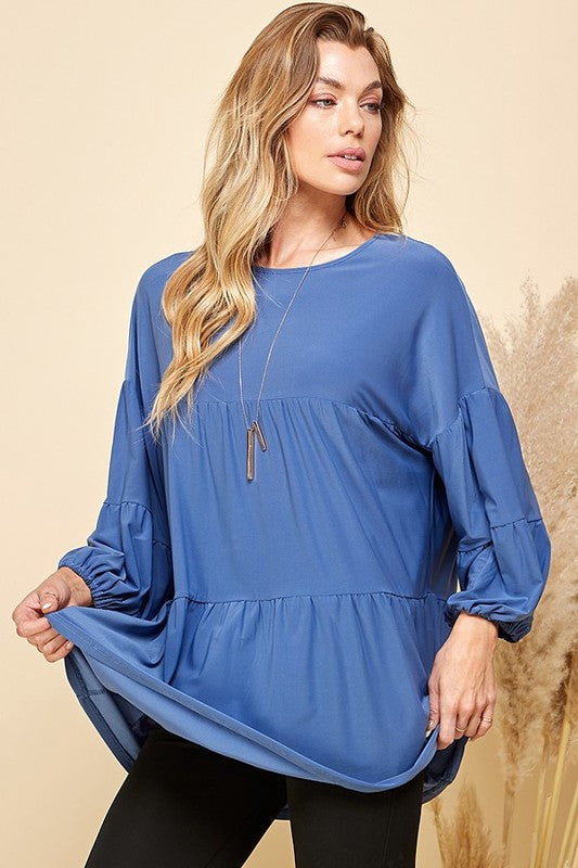 DENIM SOLID TIERED CUFFED LOOSE FITTING TOP