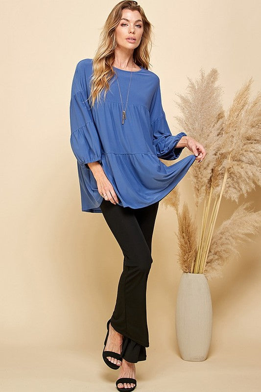 DENIM SOLID TIERED CUFFED LOOSE FITTING TOP