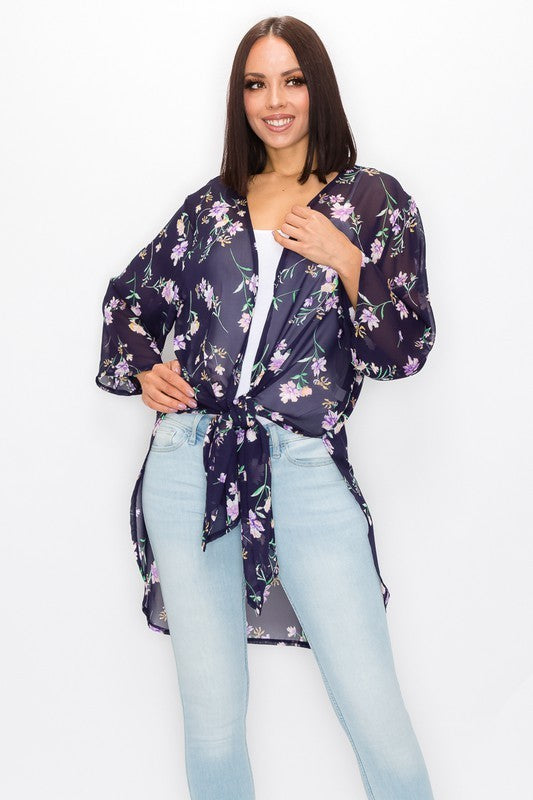 NAVY FLORAL PRINT SIDE SLIT CARDIGAN