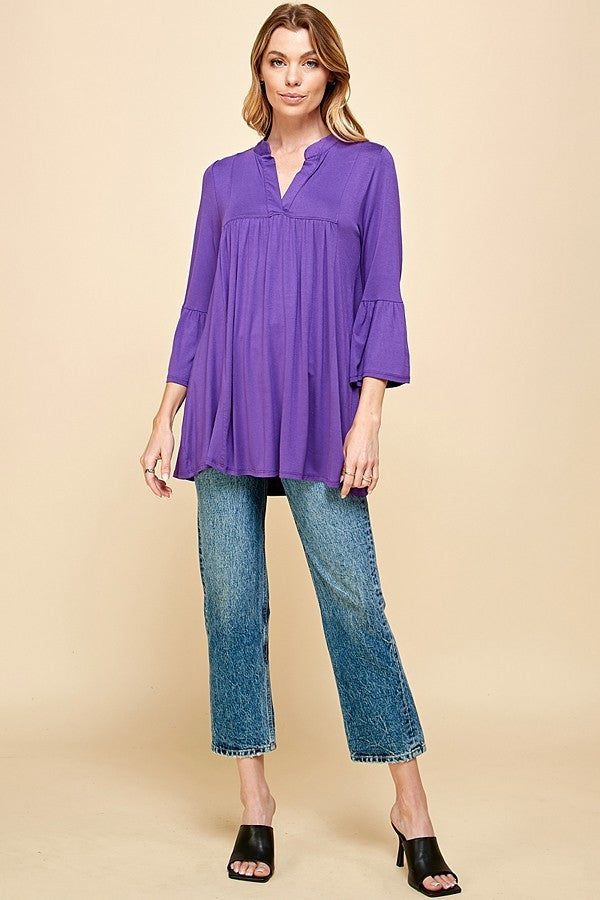 WOMEN SOLID V NECK FLARED 3/4 SLEEVE TOP