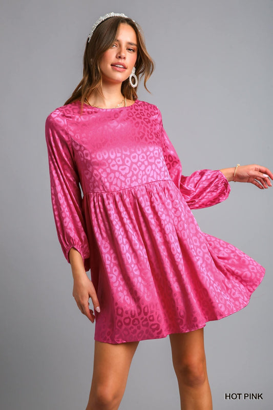 Pink Animal Jacquard Print Long Sleeve Dress with Keyhole Back