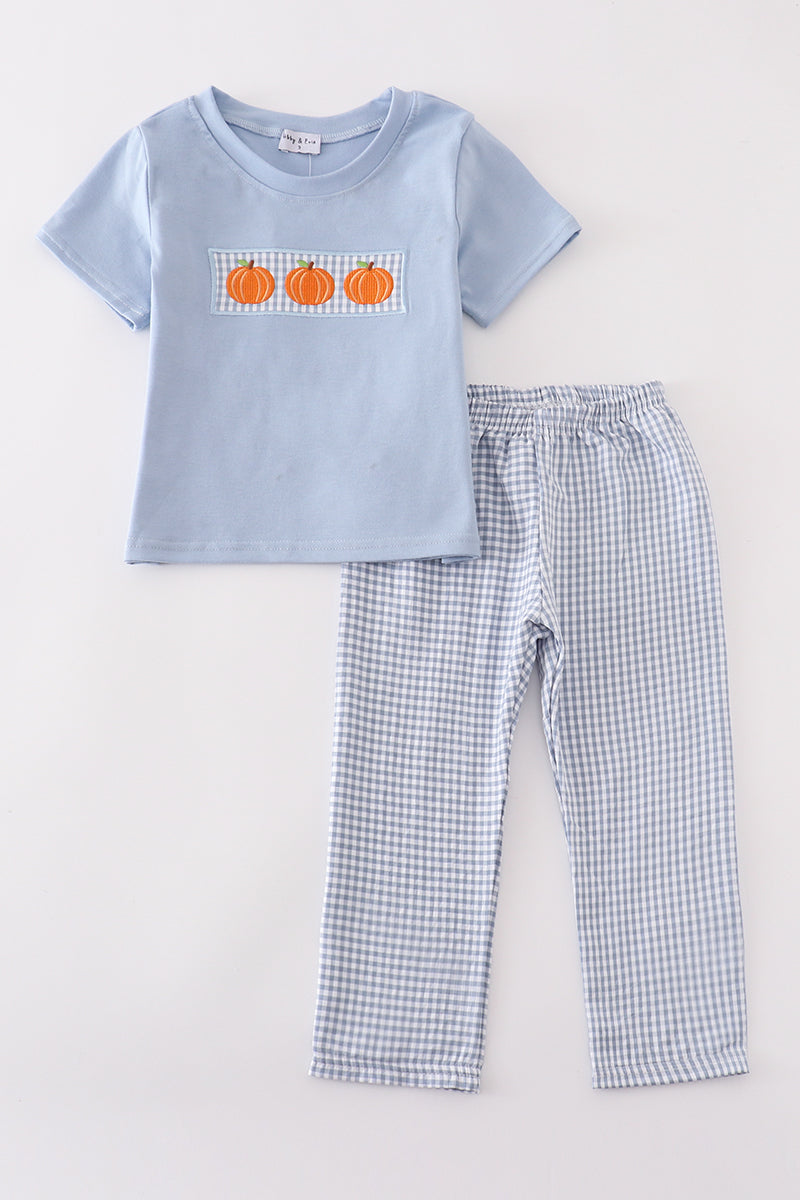 Blue gingham pumpkin embroidery boy set