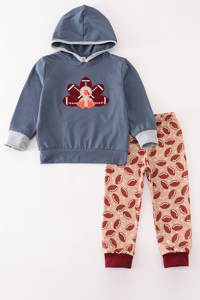 Blue turkey applique boy hoodie set