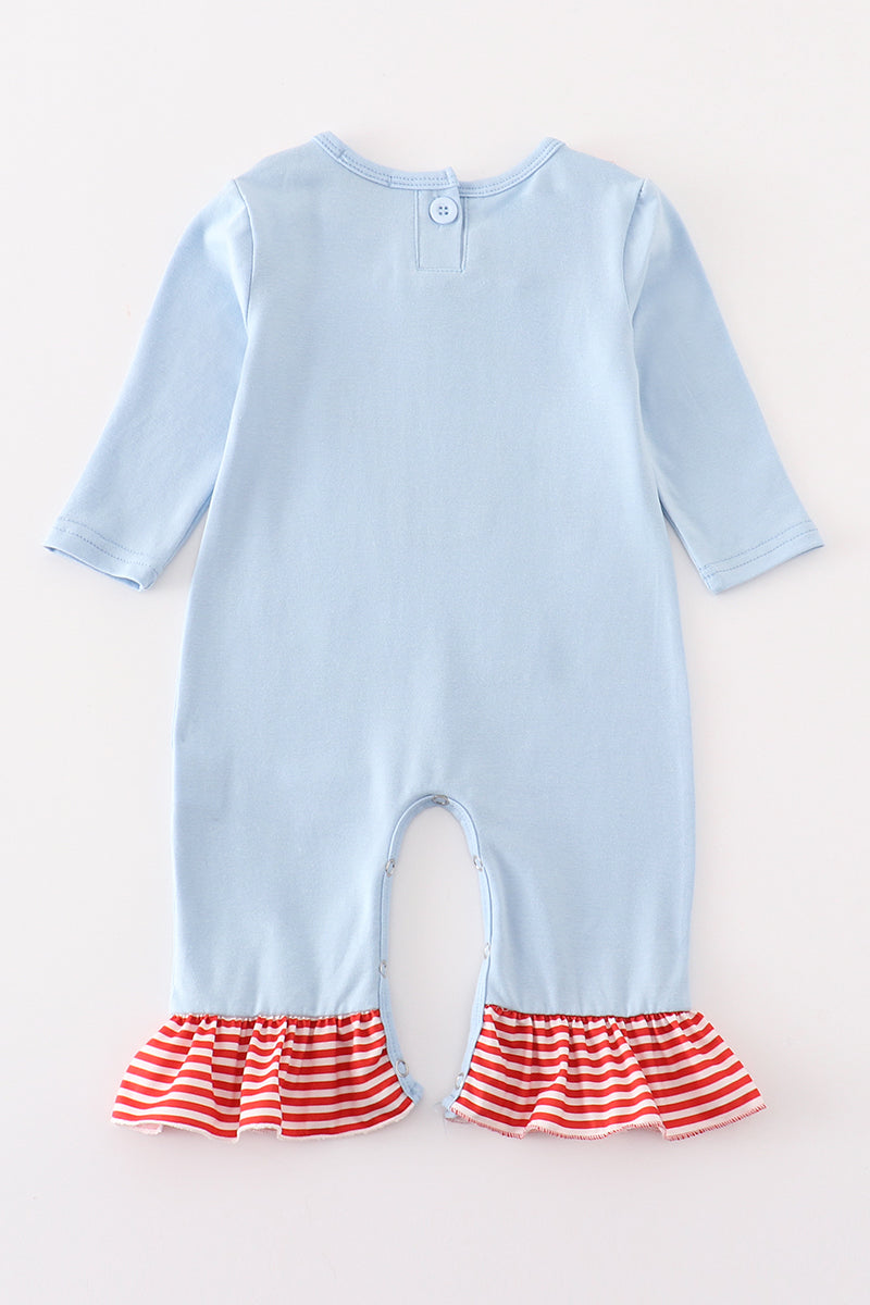 Blue christmas cow applique girl romper