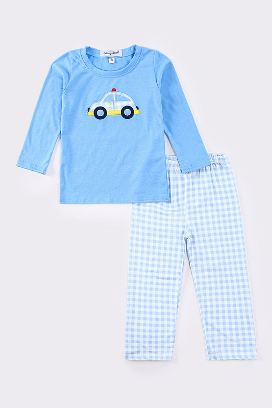 Blue police car applique boy set