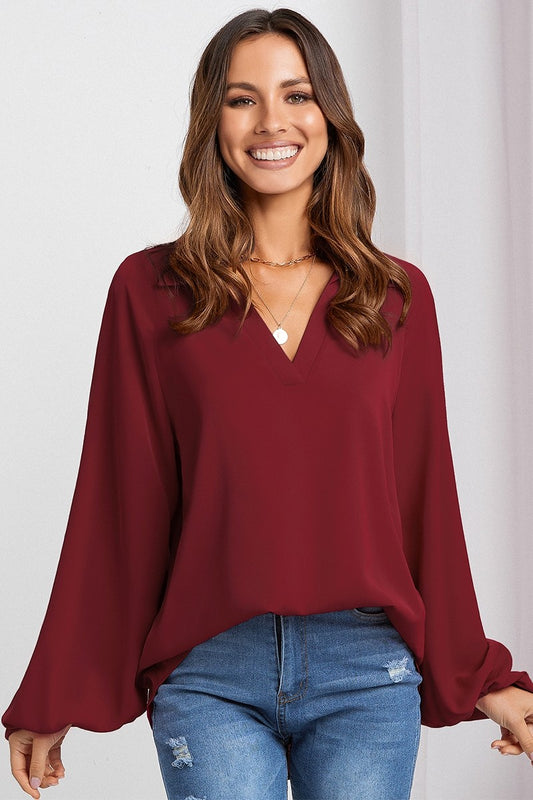 V Neck Puff Sleeve Solid Loose Blouse(Red)