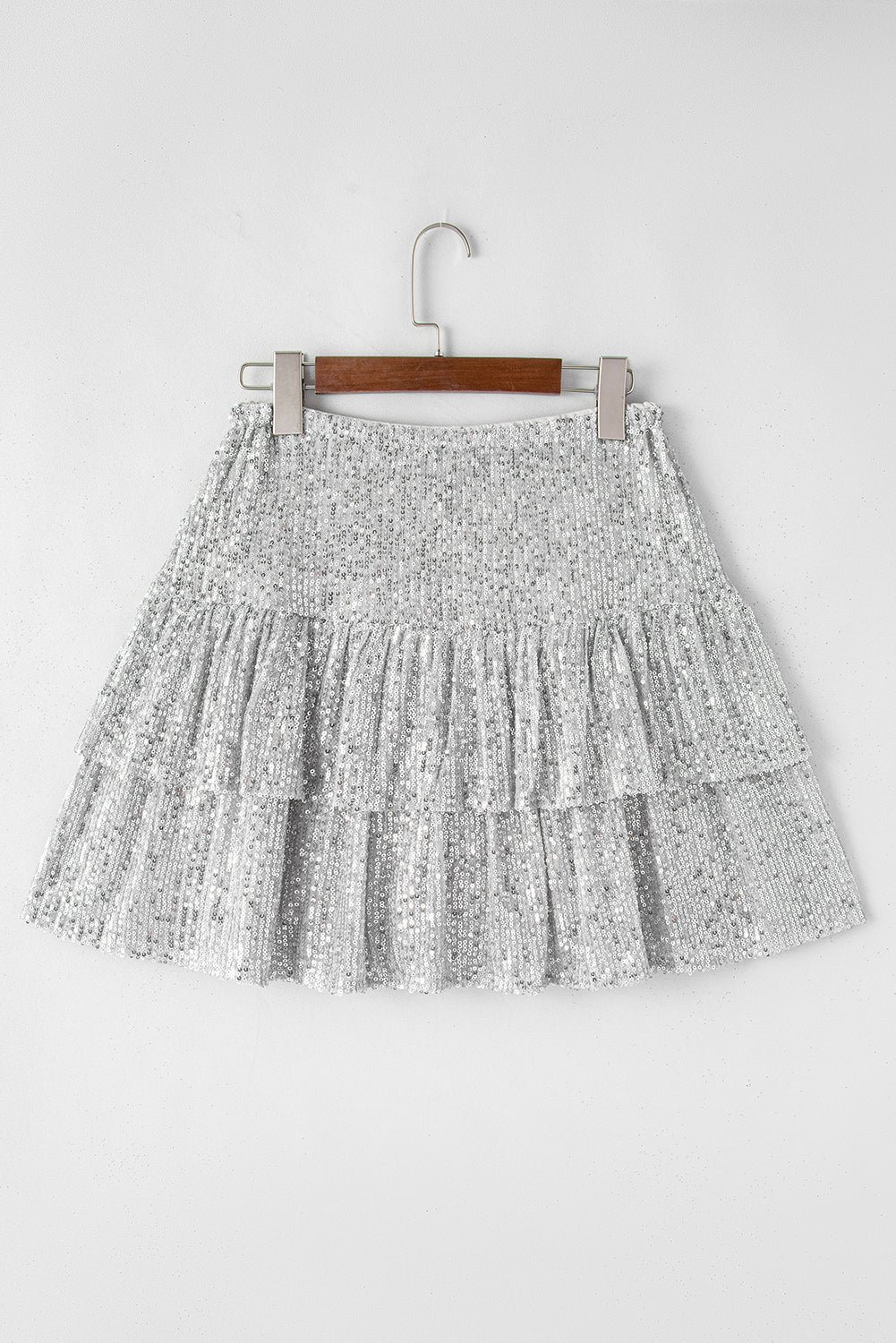 Silvery Sequin Tiered Ruffles Mini Skirt