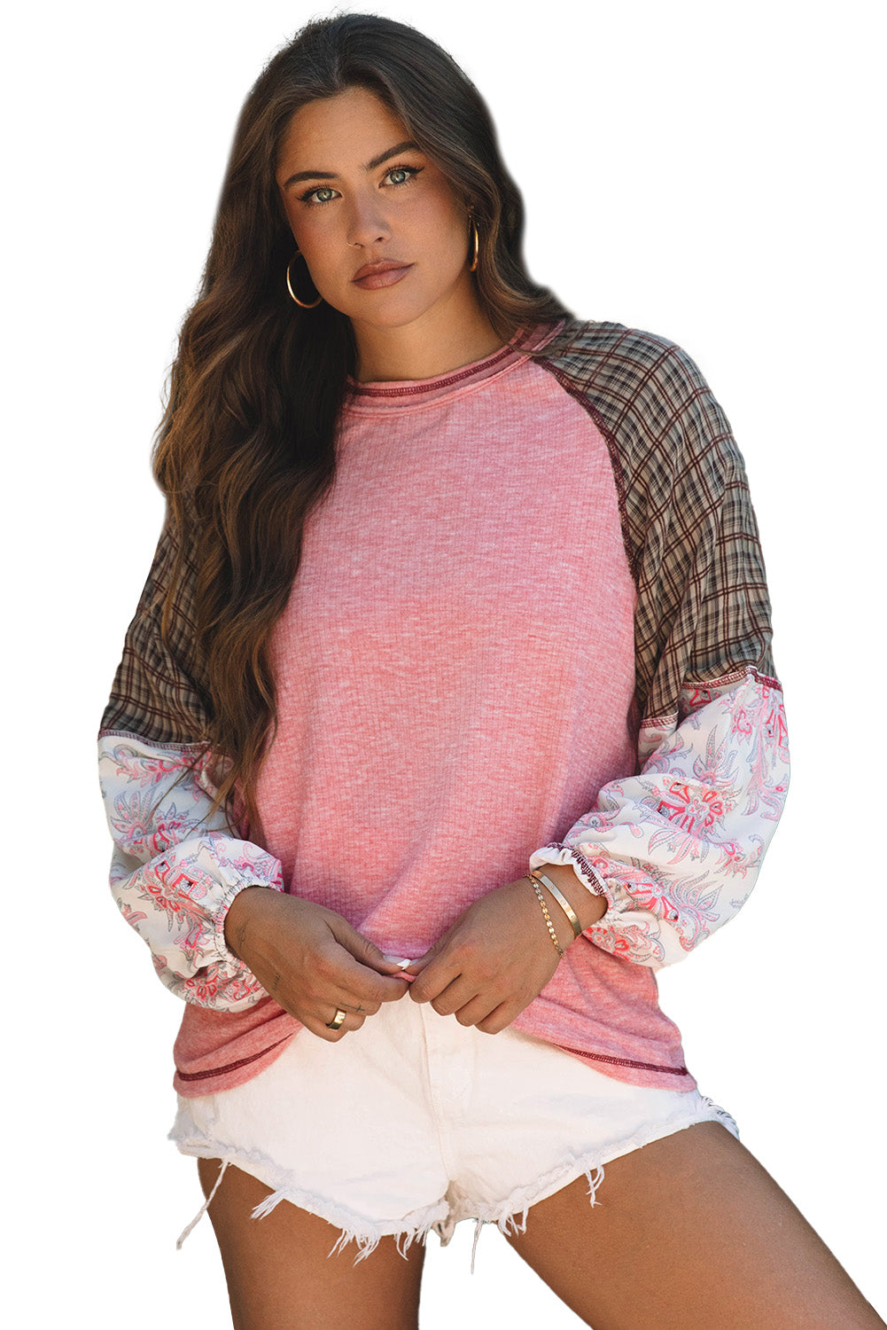 Fushia Mixed Print Patchwork Raglan Ribbed Knit Top