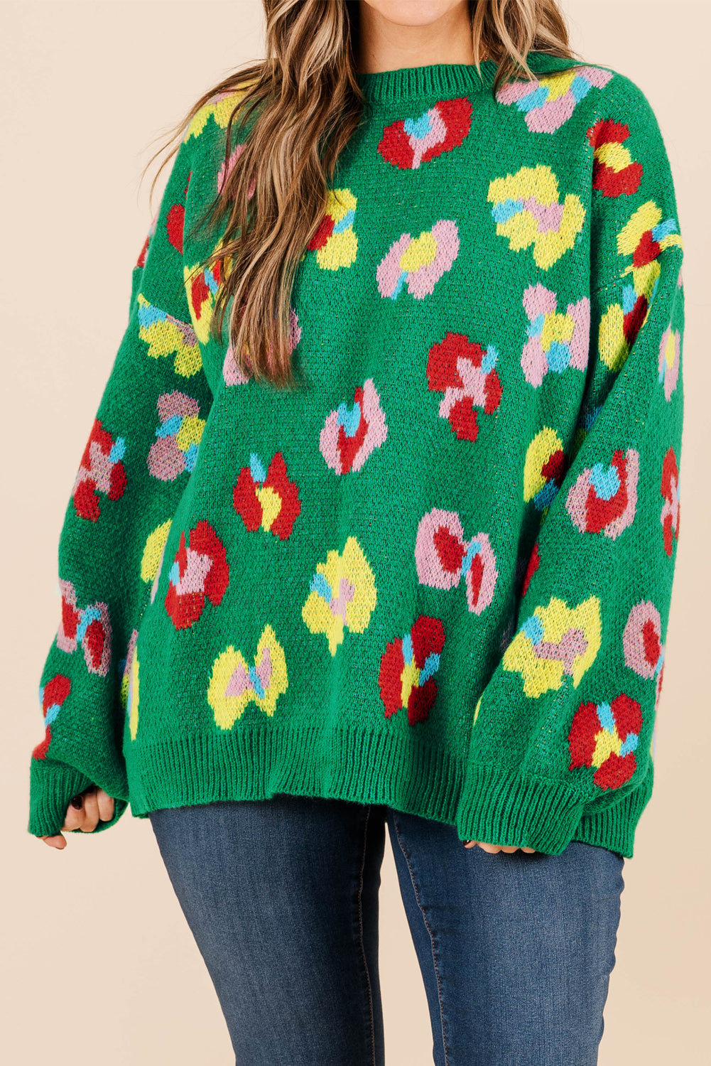 Green Plus Size Floral Knitted Ribbed Edge Drop Shoulder Sweater