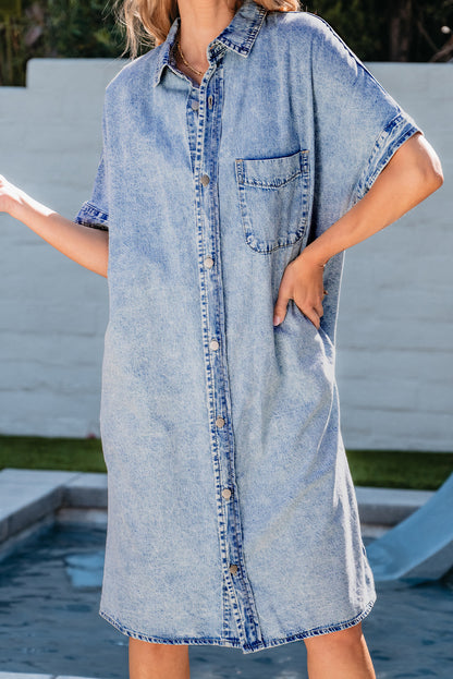 Light Blue Loose Medium Wash Short Sleeve Shirt Chambray Dress