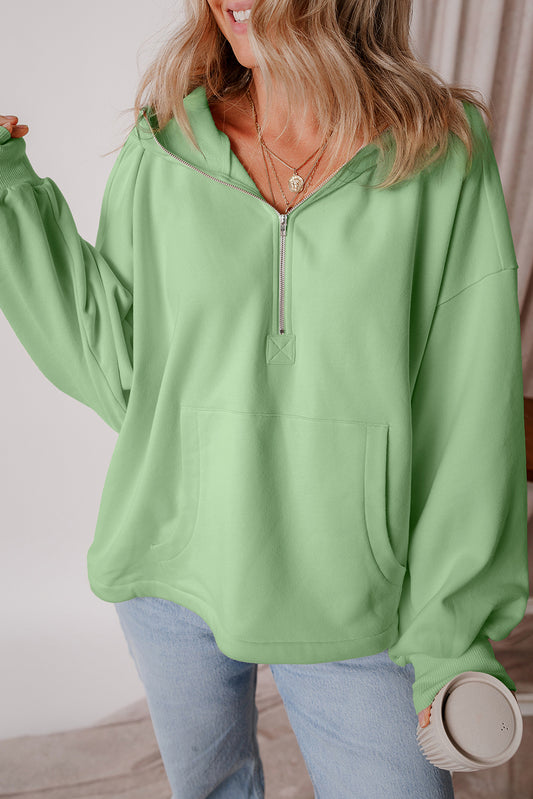 Smoke Green Fleece Lined Half Zipper Kangaroo Pockets Loose Hoodie