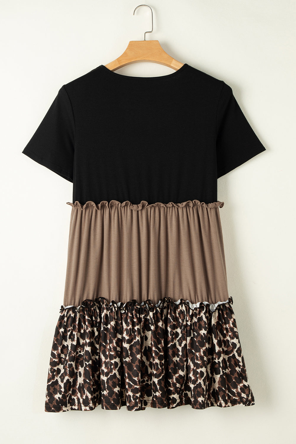 Light French Beige Leopard Print Colorblock Frill Trim T-shirt Dress