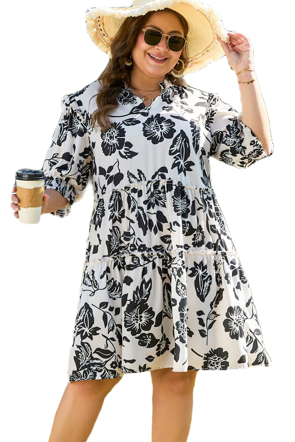 Black Floral Print Tiered Frilled Half Sleeve Plus Size Mini Dress