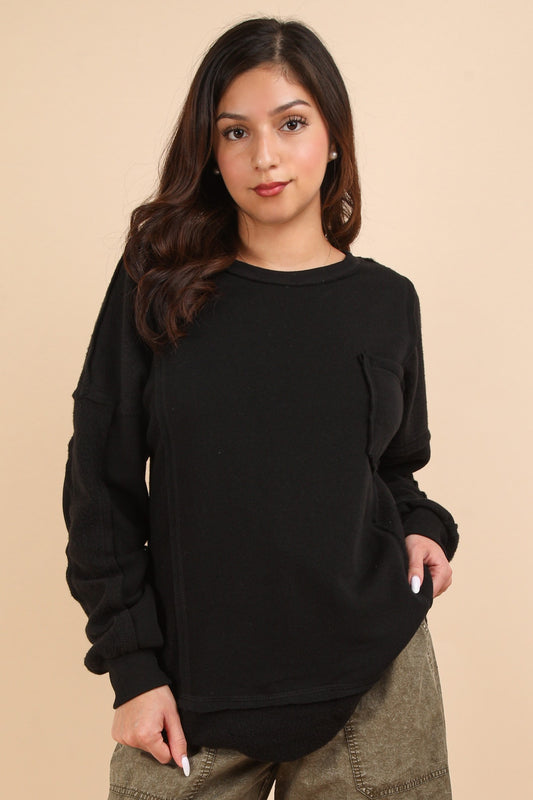 Contrast French Terry Knit Oversized Casual Top (Black)